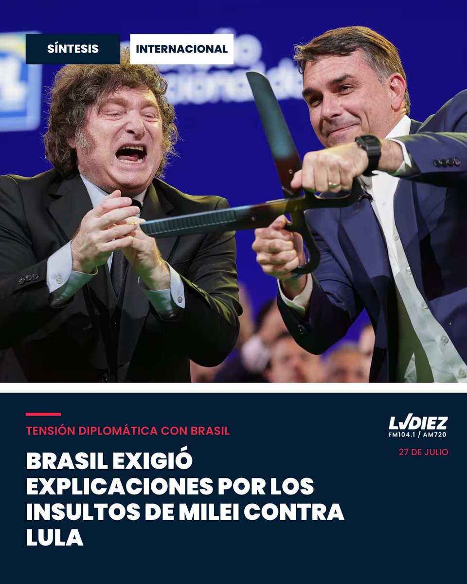 LVDiez's tweet photo. 🌎 BRASIL EXIGIÓ EXPLICACIONES | SÍNTESIS

Tras los insultos de Milei a Lula en un acto de Flávio Bolsonaro, Brasil citó al embajador argentino Daniel Raimondi y llamó a consultas a su representante en Buenos Aires.
La tensión bilateral alcanzó un nuevo nivel. https://t.co/48DHelzG3d