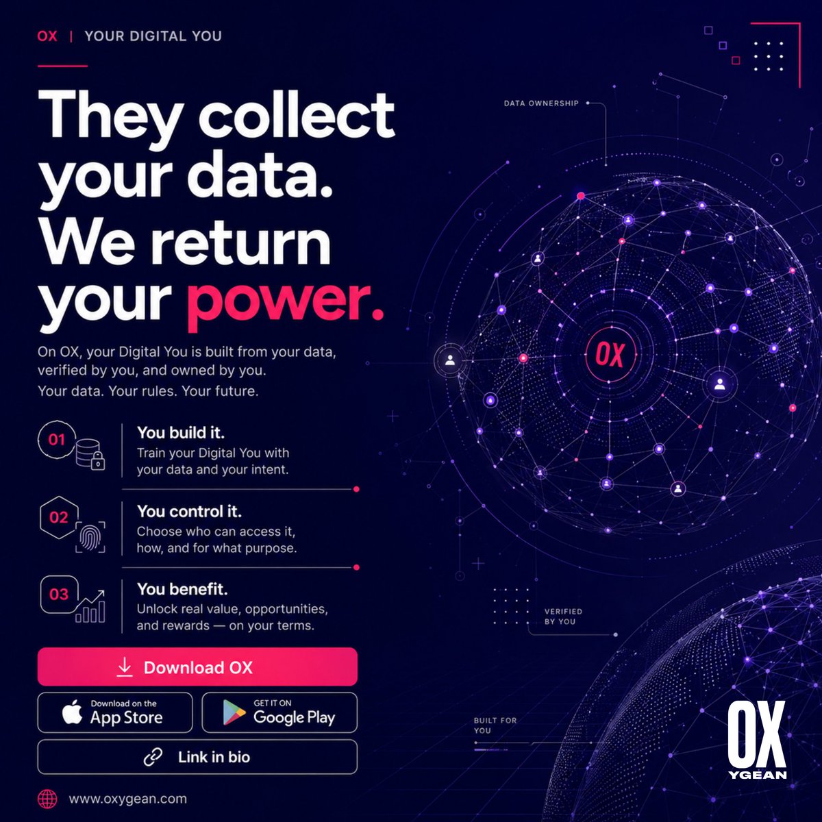 OXygean_app's tweet photo. The internet built billion-dollar businesses using your data. OX helps return that power to you. Own your information, choose how it's used, and unlock value on your terms—not theirs.
#AI #OX #DigitalYou #DataOwnership #FutureTech https://t.co/qN6A42cJuo