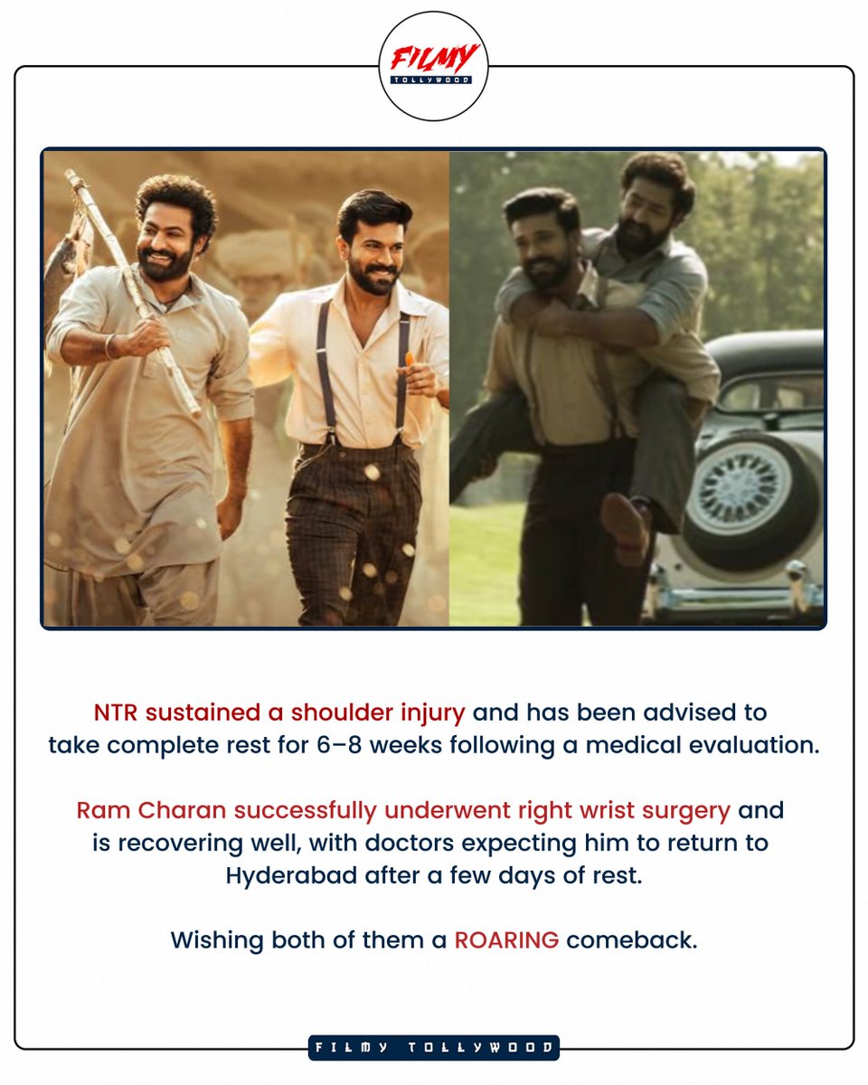 FilmyTwoodOffl's tweet photo. Wishing both RRR heroes a ROARING comeback ! ❤️

@tarak9999 @AlwaysRamCharan https://t.co/ZRSeQObF3J