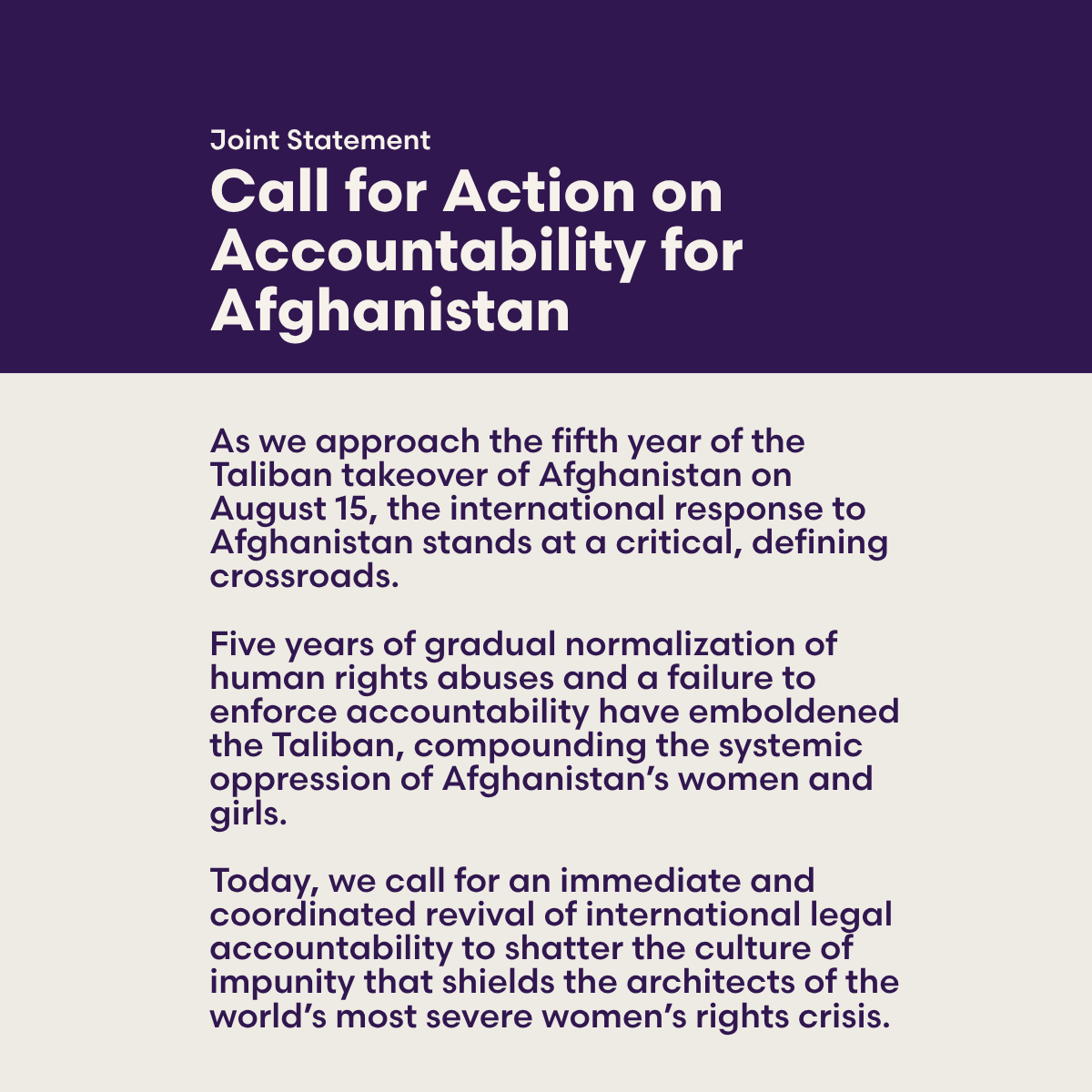 MADREspeaks's tweet photo. Earlier this month, on the International Day for Criminal Justice, MADRE, @rawadari_org, @AfghanLGBT, and other partners issued a joint statement calling for action on accountability for Afghanistan. 

Read the full statement: https://t.co/pIHvJX2ZfS https://t.co/wyABZK7Bs6