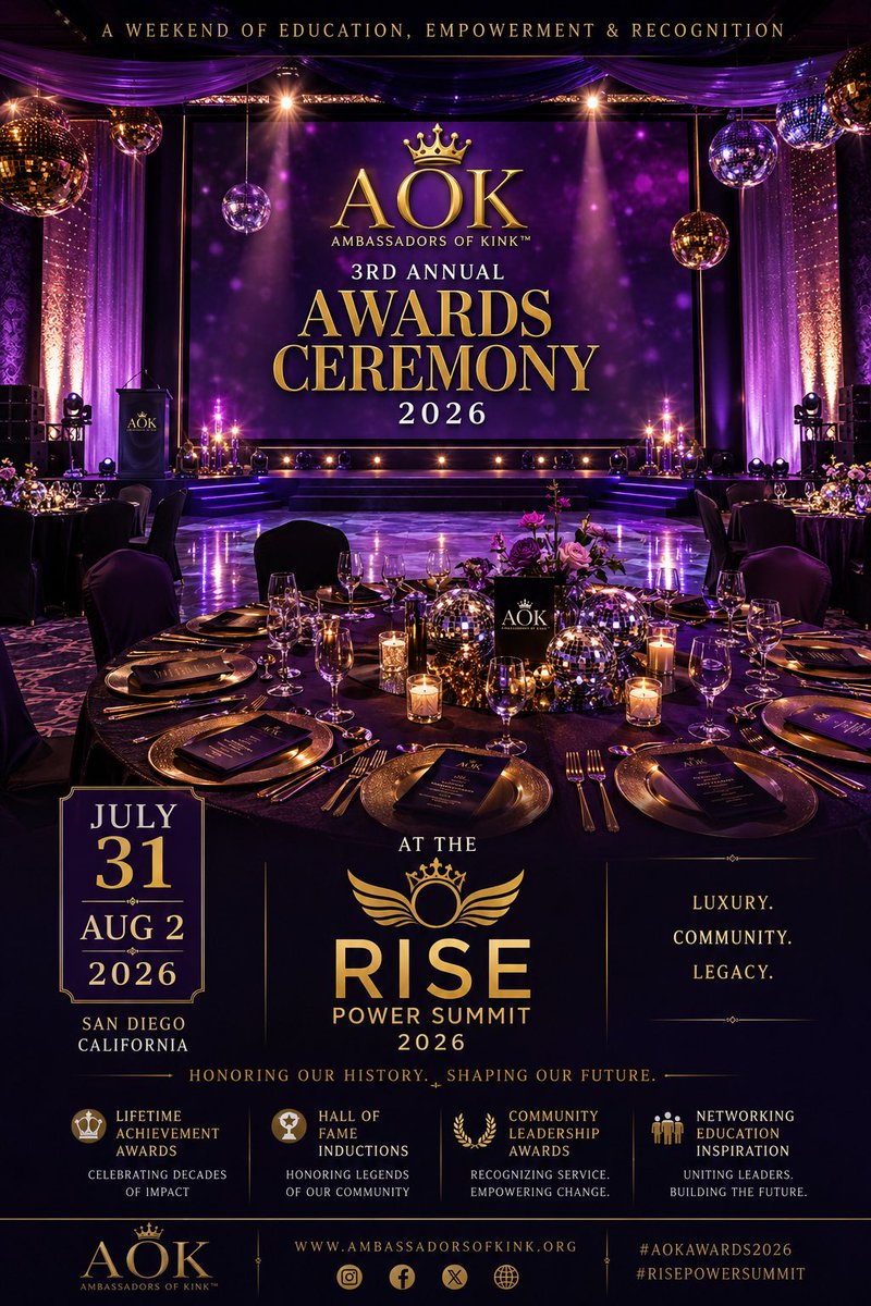 AmbassadorsKink's tweet photo. The 3rd Annual Ambassadors Of Kink™ Awards Ceremony is dedicated to honoring the icons, legends, pioneers, educators, BDSM Ethical Educators, authors, Fetish &amp; Kink Icons, and community leaders whose contributions have left an enduring legacy.@RisePowerSummit #AOK https://t.co/uob2ysEl45