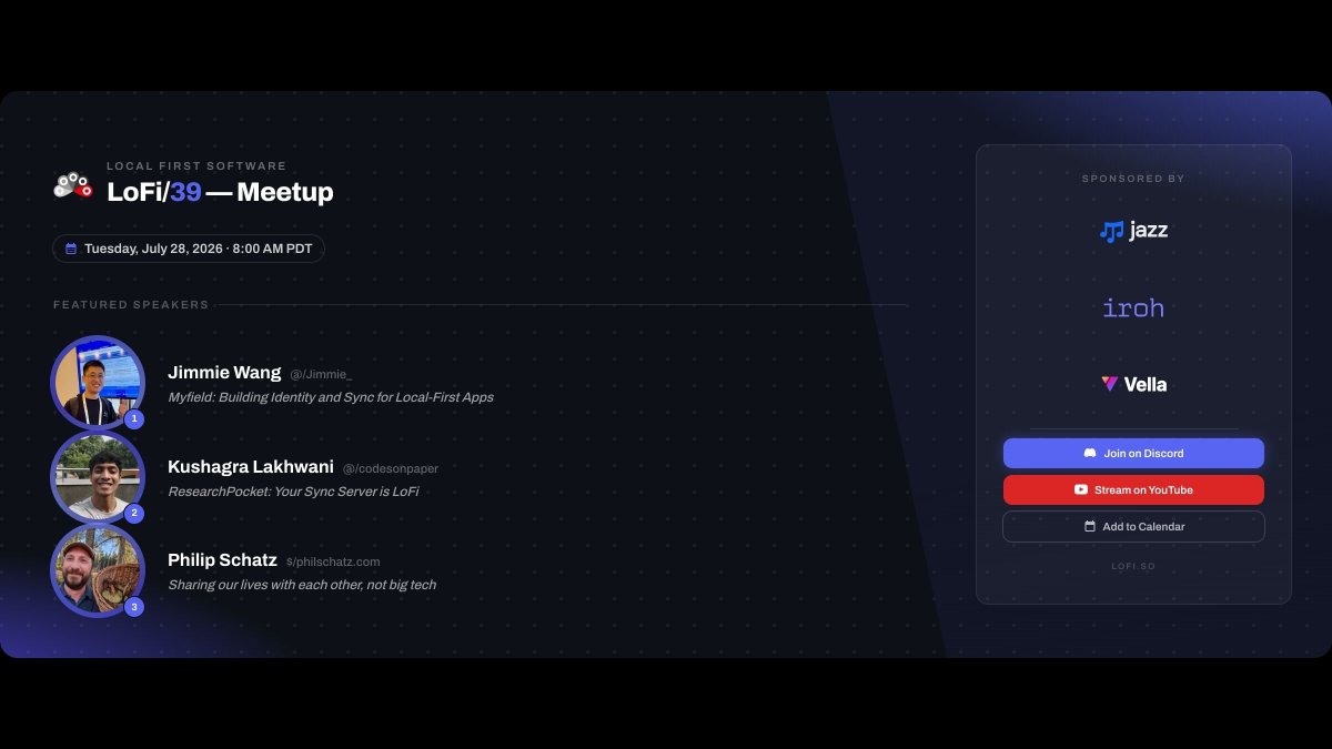 devYonz's tweet photo. 📣 Tune in for #LoFi39 on Tuesday at 8 AM PDT (July 28).

1️⃣ Jimmie @Jimmie_: Identity and sync for Myfield
2️⃣ Kushagra @codesonpaper: ResearchPocket sync over GitHub
3️⃣ Philip https://t.co/mc5Rve0AY5: Sharing docs without big tech

🧵👇 https://t.co/sow8bf6Tny
