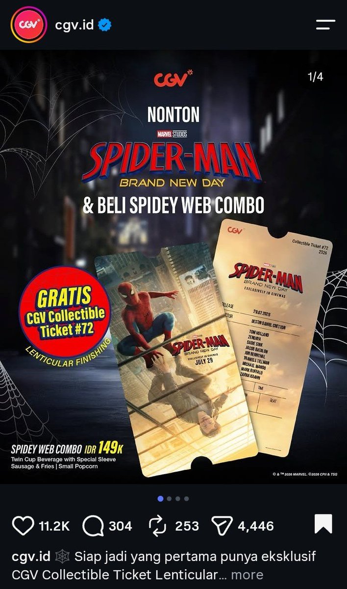 hemyarsi08's tweet photo. mari kita kurasi merch spidey mana yang worth it
1. CGV Paket SpideyWeb Collectible #72 : 149k (1 CT Lenticular, Twin Cup Minuman, Sausage&amp;Fries, small popcorn)
2. CGV CT #73 : 35k (Small Salty Popcorn + 1 CT)
3. A3 Poster ScreenX or 4DX : Start From 50k
cont- https://t.co/4bD7C3tTOp