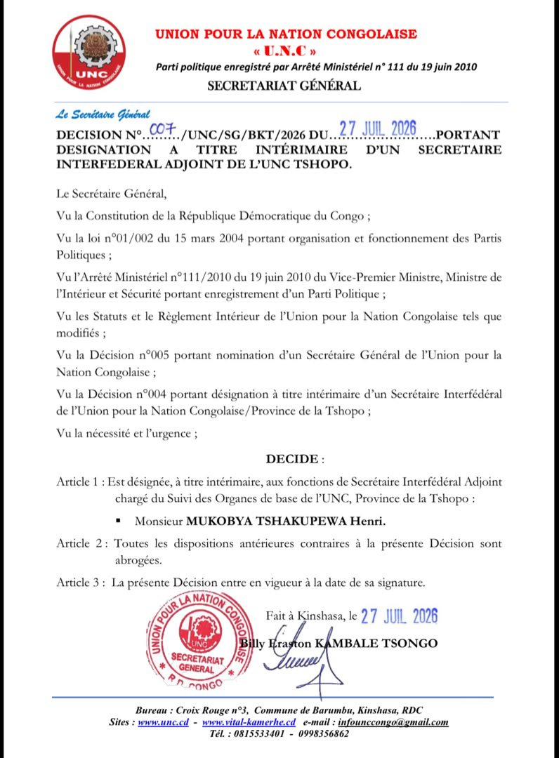 uncrdc's tweet photo. Décision du Secrétaire Général, portant désignation à titre intérimaire d'un Secrétaire Interfédéral Adjoint de l'UNC Tshopo.
Monsieur Henri MUKOBYA TSHAKUPEWA est désigné SIFA de l'Interfédération sus évoquée. https://t.co/0jSjWgsDFg