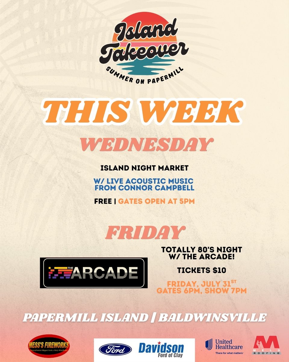 95X's tweet photo. 🎸🕺 BREAK OUT THE NEON! 🕺🎸

Island Takeover is back this week with TWO great events on Papermill Island!

➡️ More Details at https://t.co/OB8Naj0P7p: https://t.co/GZEMAdf8v5

🛍️ Island Night Market
🌟 Totally 80's Night Featuring The Arcade https://t.co/W7F4ZiP6Mt