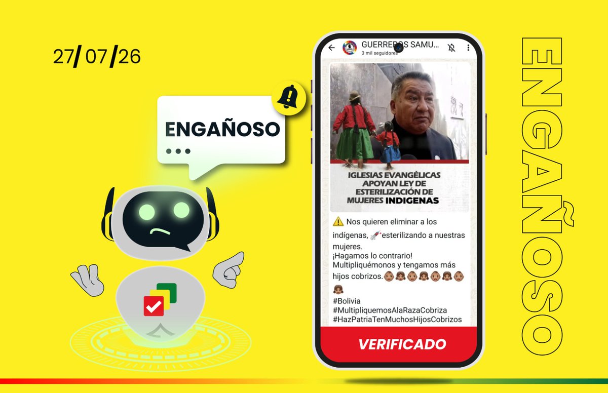 BoliviaVerif1ca's tweet photo. Circula contenido sobre una propuesta de ley que busca esterilizar a mujeres indígenas para "eliminarlas".✖️El titular fue manipulado y el #proyectodeley no establece una medida contra las comunidades indígenas.
Con UNITAS, combatimos la desinformación👇🏻
https://t.co/pHs0GWl6mR https://t.co/xwzuVZFQ78