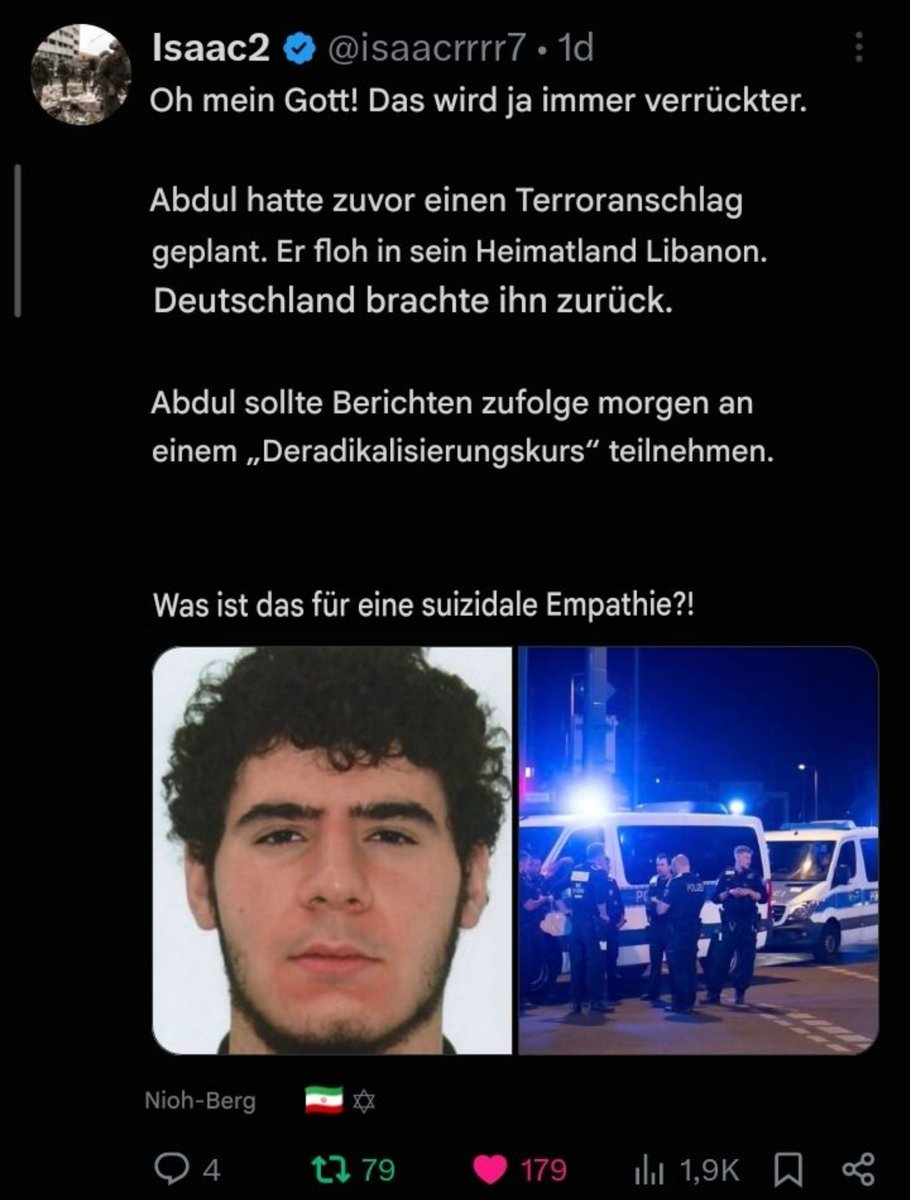 siren_421M's tweet photo. @bundeskanzler Ihr Deutschen habt ja eine fast schon selbstmörderische Empathie.
Wer käme denn auf die Idee, jemanden mit Vorstrafen abzuschieben?
Ihr seid von Jägern zu leichter Beute geworden. https://t.co/u14cToQmIy