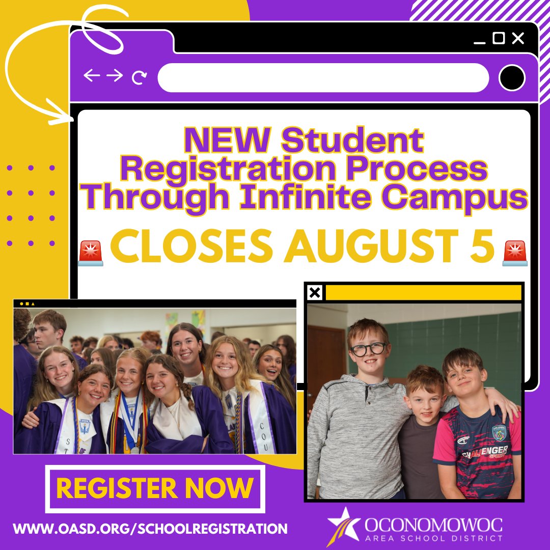 oconschools's tweet photo. 🎉NEW Online Registration Process for the 2026-2027 school year!! 🎉

Please check your email for further instructions or visit our Online Registration page at https://t.co/a0mRNBWYTV to get started in Infinite Campus! 

🚨 CLOSES August 5th!! #OconPride #OconDriven #Oconomowoc https://t.co/OKxda1laV9