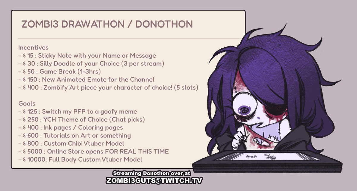 Zombi3Guts's tweet photo. 💀 DRAWATHON DONOTHON 💀
Gonna work my butt off by streaming nonstop everyday til i get this dang queue list done!  Added in Silly lil Incentives and Goals 

Also have the next Comm list forms ready to go if anyone is interested! ► https://t.co/QeU6O7NFxr https://t.co/O1350a1vmE