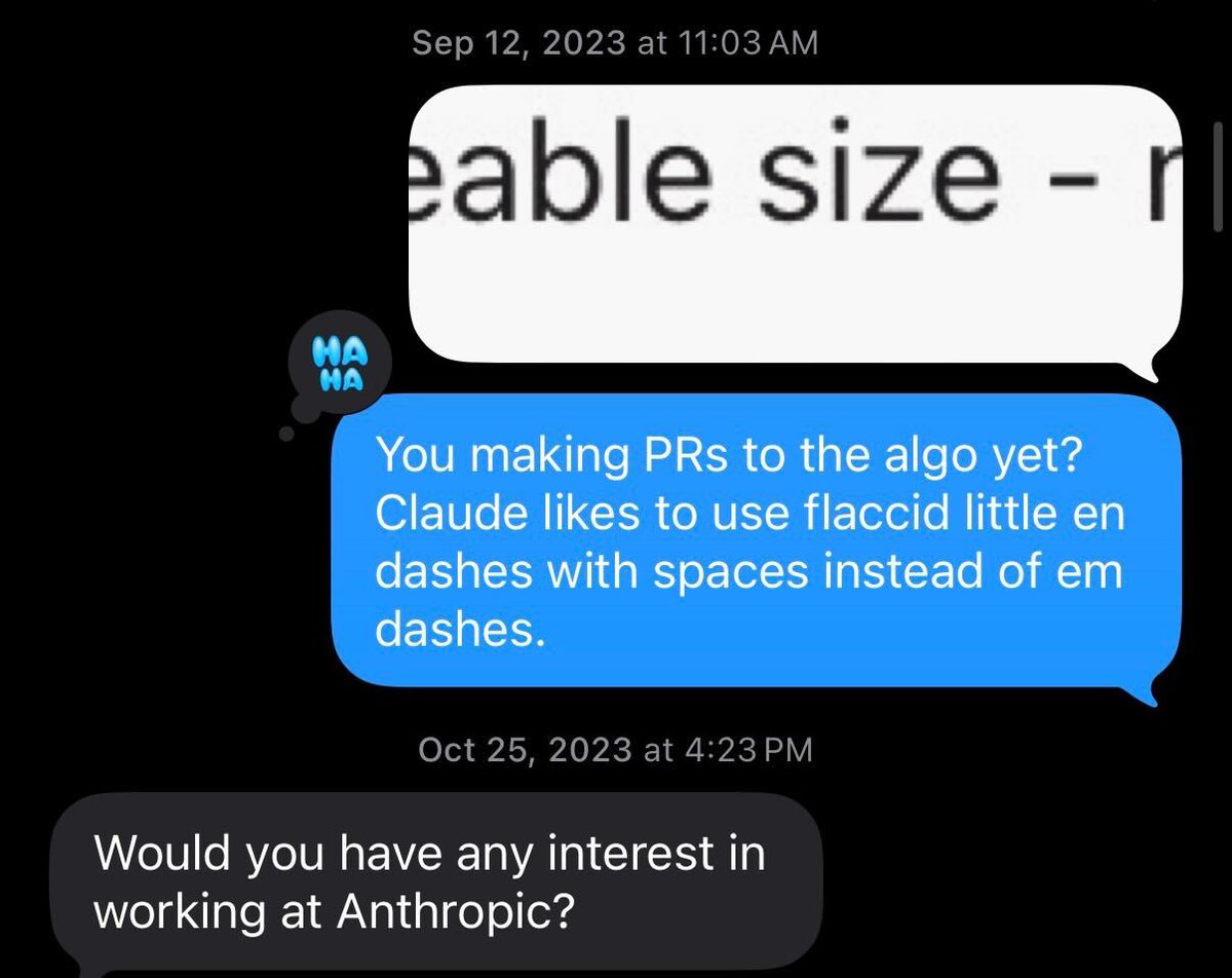 capitaltruist's tweet photo. "Ruined the em dash" will be on my tombstone.

A few years ago I constantly complained to the labs about lack of proper em dash usage. They really pounced on that feedback. https://t.co/UWA8crRTt2