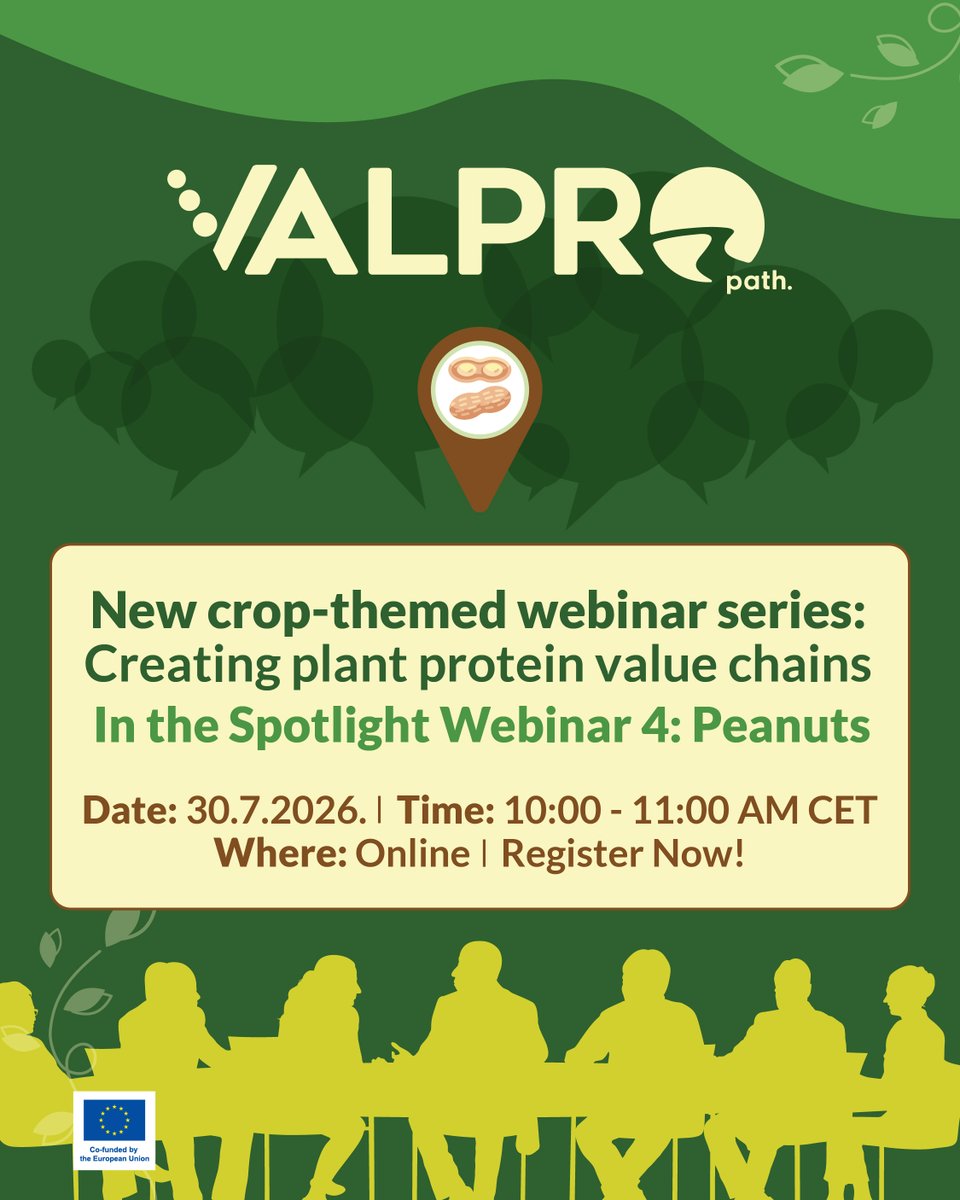 VALPRO_Path's tweet photo. Where will you be this Thursday? 👀

Join Mark O'Brien, Timo Bodynek &amp; Dr Mohsen Kamani at #VALPROPath Webinar #10 and explore how peanuts can help shape Europe's sustainable protein future.

📅 30 Jul | 🕙 10:00 CET
👉Register: https://t.co/3CzwwKIH2R 

#PlantProtein #Webinar https://t.co/OyI4gcbc5V