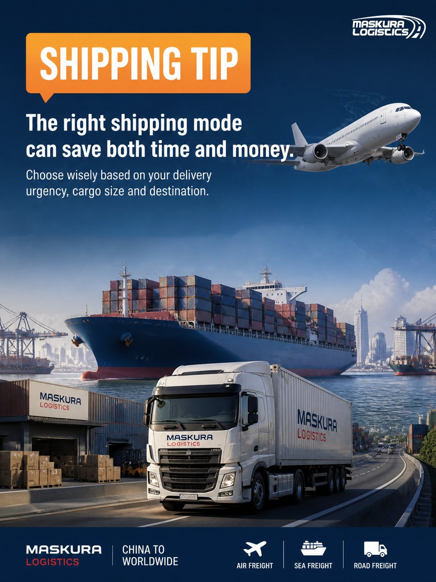 MaskuraLogistic's tweet photo. The right freight option can save both time and money.

✈️ Air Freight
🚢 Sea Freight
🚛 Road Freight

🌐 https://t.co/he4EvPIy1i

#ShippingTips #Logistics #FreightForwarding #GlobalTrade #MaskuraLogistics https://t.co/CYiGszR6yS