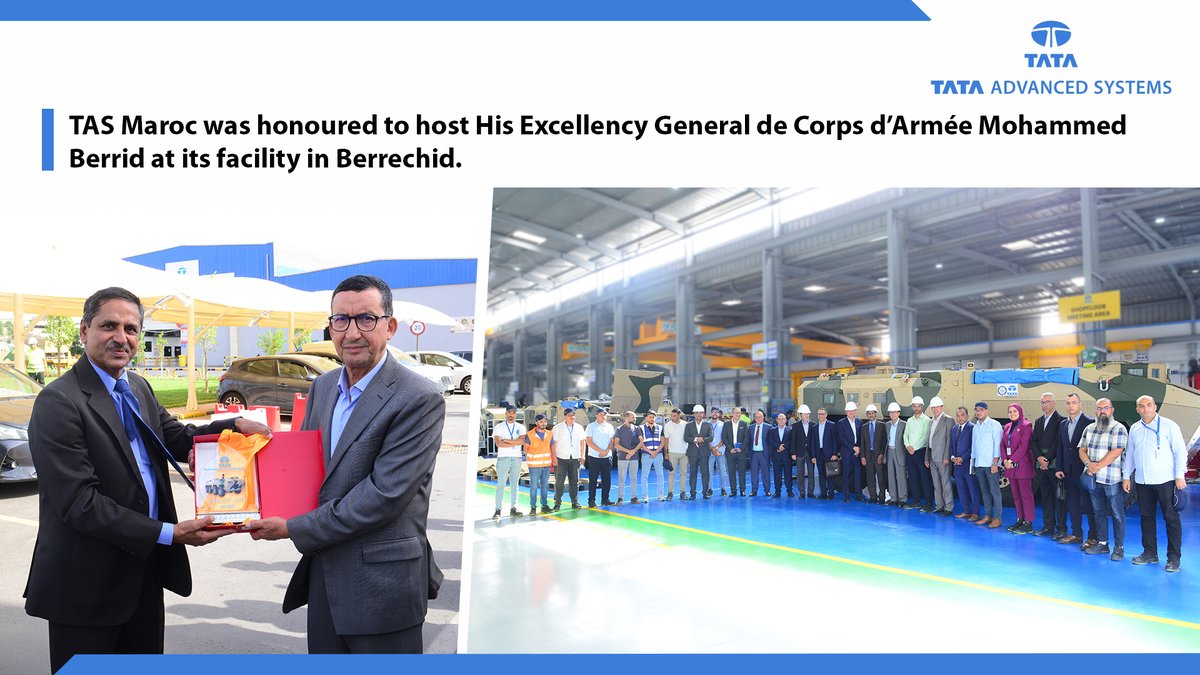 tataadvanced's tweet photo. Tata Advanced Systems welcomed His Excellency General de Corps d’Armée Mohammed Berrid at the TAS Maroc plant in Berrechid.

The visit reflects the growing India–Morocco partnership and our shared commitment to strengthening defence capabilities and building a robust industrial ecosystem.

Through our presence in Morocco, #TataAdvancedSystems brings advanced manufacturing capabilities, engineering expertise and global experience, while contributing to local capability development and skilled talent.

#TataAdvancedSystems #TASMaroc #Morocco #Defence #AdvancedManufacturing #IndiaMorocco #DefenceManufacturing