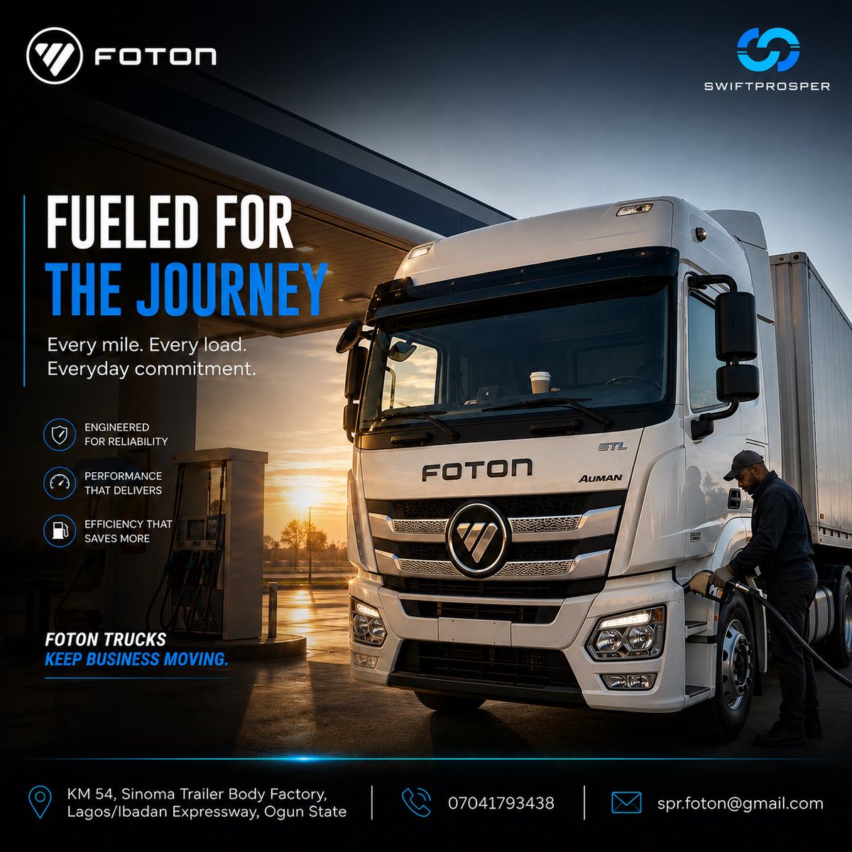 SPRFotonNigeria's tweet photo. ☕ A fresh cup.
⛽ A full tank.
🚛 Another successful journey begins.

Success isn’t built overnight—it’s built one reliable mile at a time.
Choose the truck that’s engineered to work as hard as you do.

FOTON. Built for business. Ready for the road. 
#FotonAuman #SwiftProsper https://t.co/ZO0g9tZ84K