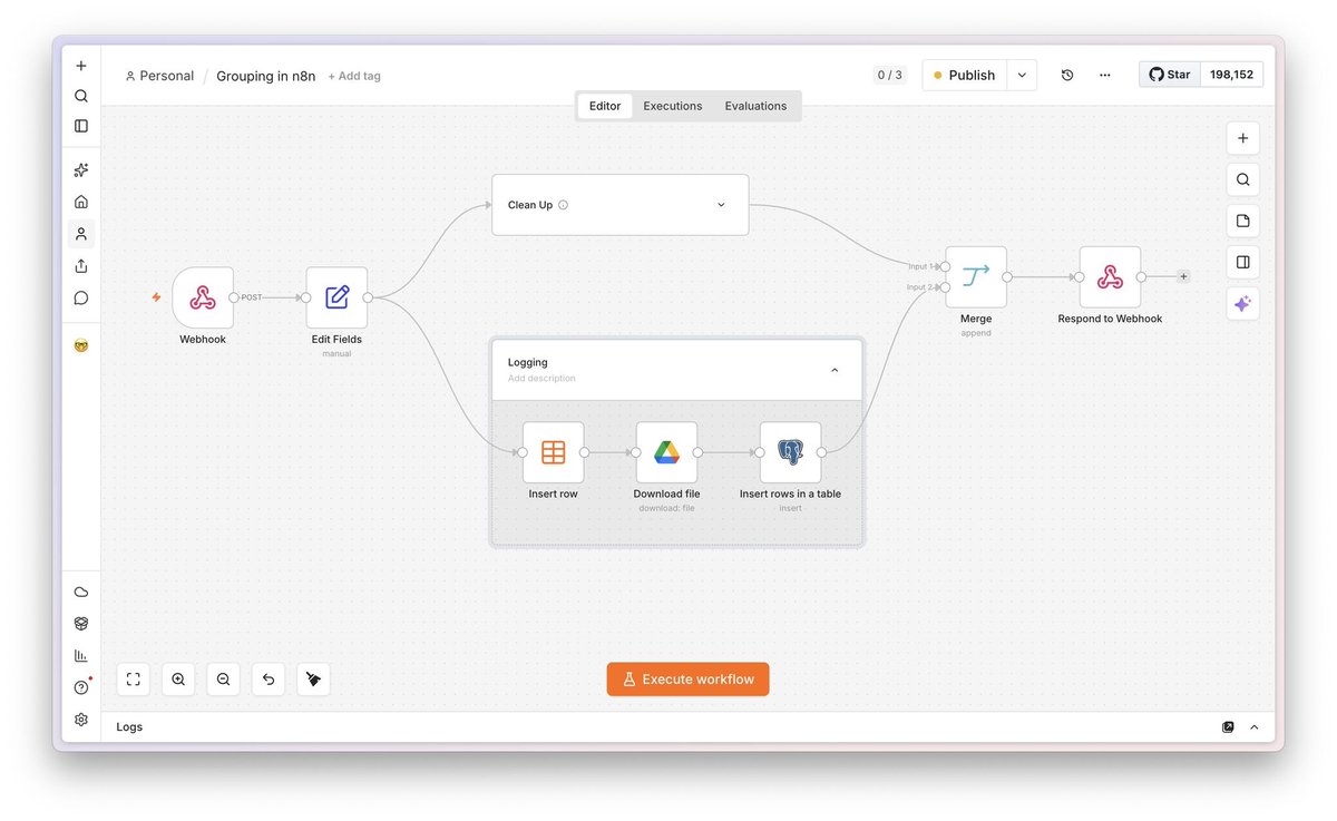 AutomationKing0's tweet photo. n8n just solved one of the biggest mistakes I see people make when building automations.

It's called Node Grouping.

And it's going to change how you build workflows forever.

Here's why.

Every automation starts simple.

A trigger.

A few nodes.

Done.

Then your client asks for one more feature.

And another.

Then error handling.

Then AI.

Then notifications.

Then approvals.

Six weeks later...

You open the workflow and spend 10 minutes trying to remember what you built. 😂

That's where Node Grouping comes in.

Instead of staring at 100+ nodes scattered across your canvas...

You can group related nodes into logical sections like:

📥 Capture Lead

🤖 AI Qualification

📧 Send Follow-up

📊 Update CRM

📈 Generate Report

Now, instead of looking at a messy workflow...

You're looking at a business process.