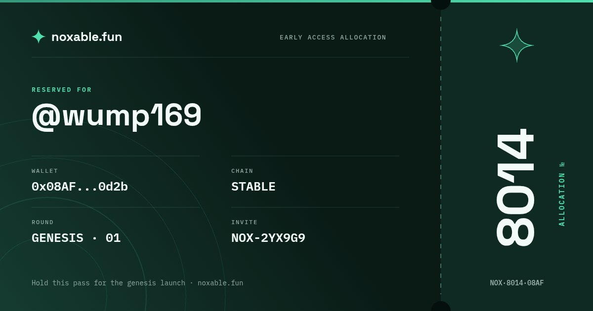 wump169's tweet photo. Allocation №8014 locked in for the @noxablefun genesis round on Stable.

https://t.co/6fICb3kQXZ https://t.co/kcMft5Gpfa
