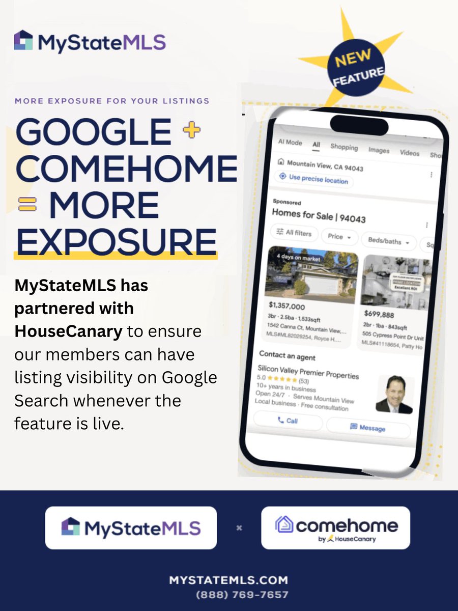mystatemls's tweet photo. If your listings aren't showing where buyers are searching, you're missing opportunities.

Google + ComeHome = More Exposure.

Through our partnership with HouseCanary, MyStateMLS helps position eligible listings for visibility in Google Search wherever the feature is available.

Imagine your listings being discovered by buyers directly from Google with your name and contact information attached.

That's the kind of exposure today's sellers expect.

Whether you're an independent agent, broker, or team, MyStateMLS gives you access to nationwide listing distribution and innovative marketing opportunities designed to help you stand out.

✨ More visibility.
✨ More opportunities.
✨ More reasons for sellers to choose you.

Ready to give your listings a competitive edge? Join MyStateMLS today and see what's possible. 👉 https://t.co/NJtscOKGuY 

#MyStateMLS #GoogleSearch #HouseCanary #ComeHome #ListingExposure #RealEstateMarketing #RealEstateTechnology #MLS #RealEstateAgents #Brokerage #GrowYourBusiness