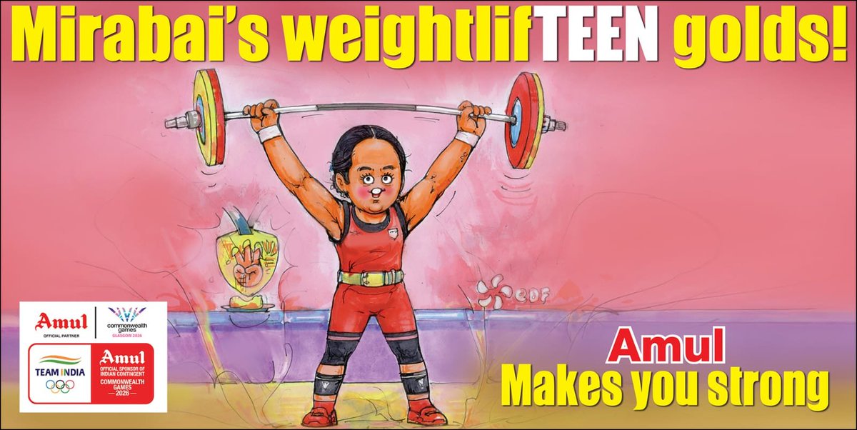 Amul_Coop's tweet photo. Amul Topical: Mirabai wins her third consecutive CWG gold medal in weightlifting! https://t.co/88OJUVY22G