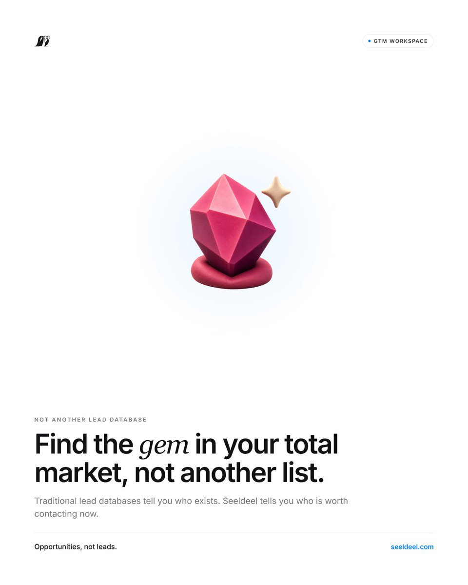 seeldeel's tweet photo. Opportunities, not leads.

Most lead databases answer one question:

“Who exists?”

Seeldeel answers a different one:

“Who’s worth contacting today?”

We combine ICP fit with real buying signals to surface opportunities, not just names. https://t.co/0WhuZimB4C