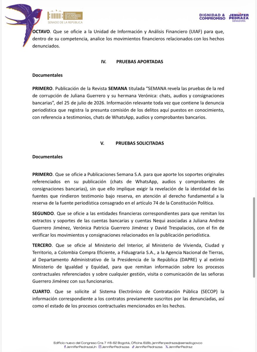 JenniferPedraz's tweet photo. 🚨 Alerta. 

Acabo de presentar una segunda denuncia contra Juliana y Verónica Guerrero por los presuntos delitos de tráfico de influencias de particular, concierto para delinquir, cohecho por dar u ofrecer y enriquecimiento ilícito de particulares. 

La investigación no puede limitarse a ellas: también debe alcanzar a toda su presunta red de colaboradores, a los empresarios que habrían entregado dinero para obtener contratos y a los servidores públicos que eventualmente participaron en esta estructura de corrupción. Nadie puede estar por encima de la ley.
