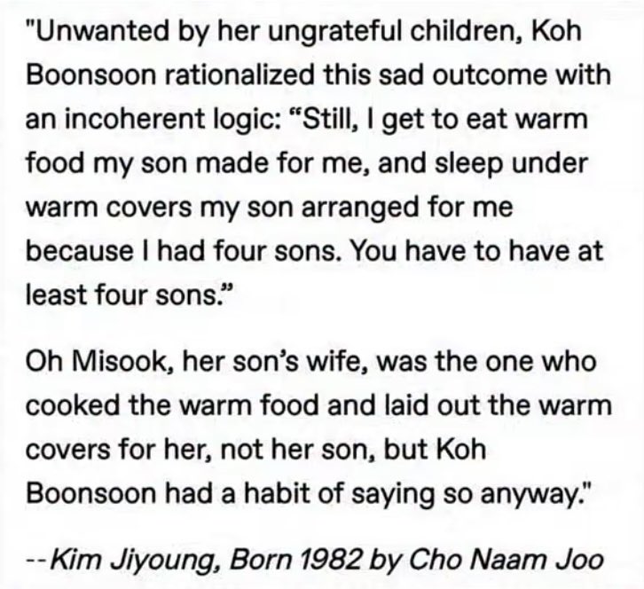 soigomaa's tweet photo. I RECENTLY CAME ACROSS THIS QUOTE...
The book is a Korean woman's experience but it speaks to women all across the globe!!!
Here's a scene from the book, Koh Boonsoon is the mother-in-law: https://t.co/pnDqviaLav