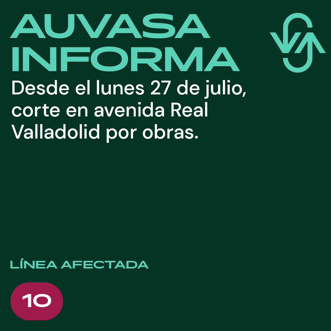 AuvasaVLL's tweet photo. ⛔ Se mantiene el corte en la #AvenidaRealValladolid por obras

🚌 Línea afectada: 10

🚏 Sin paradas afectadas

🚧 Desvío: Desde Monasterio de Monserrat continuará por Monasterio de Yuste, Monasterio de La Vid, Monasterio de Silos a Avda. Salamanca y recorrido habitual. https://t.co/16MZbssnr0