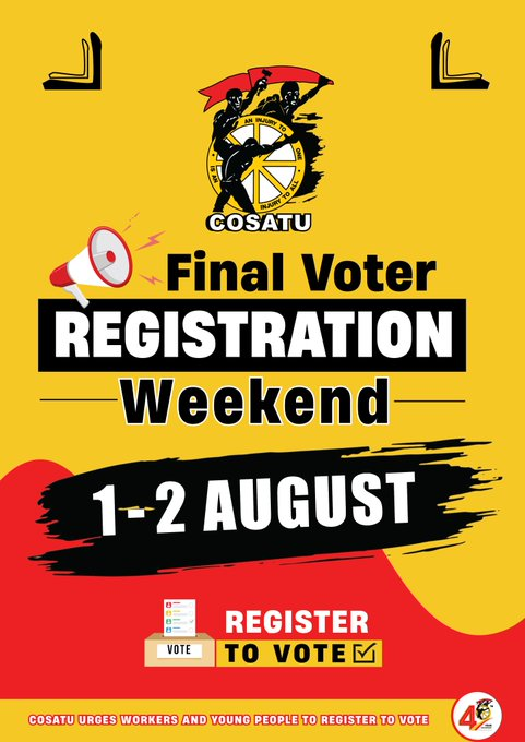 _cosatu's tweet photo. #COSATU affiliates urge workers and their families to come out in their numbers across the country to register for the coming local government elections scheduled to take place on November 4  #YourVoteCounts
@SABCNews @ewnupdates @Powerfm987 @eNCA @Newzroom405 @MorningLiveSABC https://t.co/ouizRAZamj