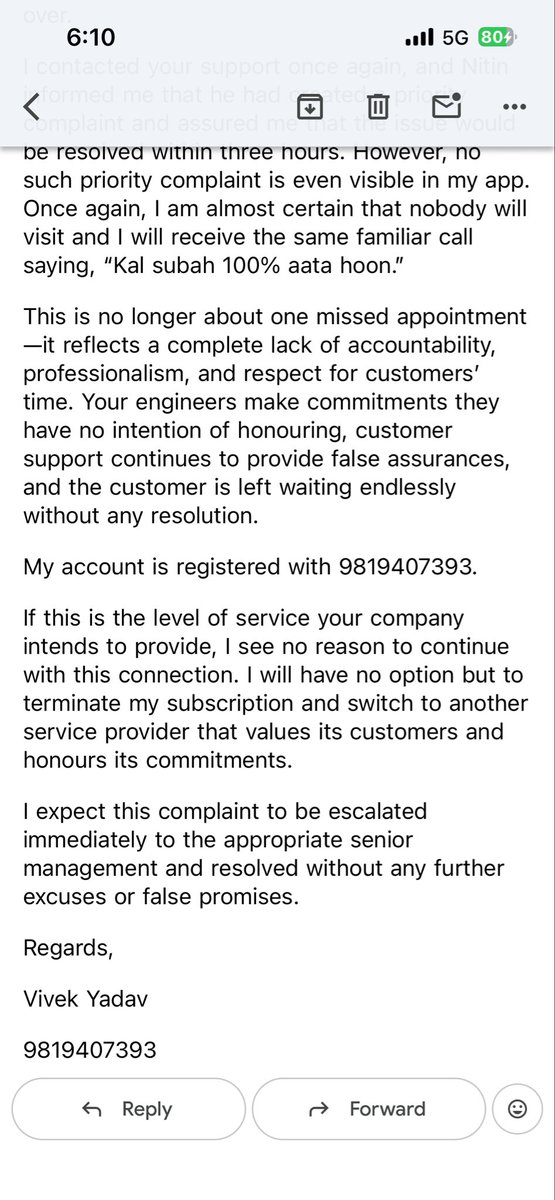 viveky77's tweet photo. @jio_fiber @JioCare Engineers repeatedly miss appointments, give excuses, reschedule without notice, and even disconnect calls after making false commitments. I was assured multiple times that someone would visit—no one did. https://t.co/ONIZsJtKh8