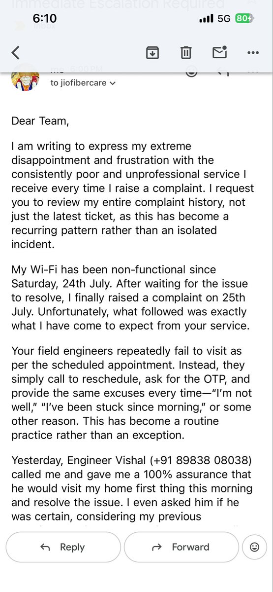 viveky77's tweet photo. @jio_fiber @JioCare Engineers repeatedly miss appointments, give excuses, reschedule without notice, and even disconnect calls after making false commitments. I was assured multiple times that someone would visit—no one did. https://t.co/ONIZsJtKh8