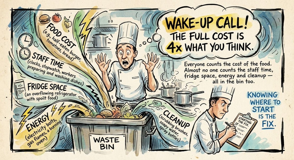KaliSafwat's tweet photo. Your kitchen waste costs about four times what you think.
Everyone counts the cost of the food. Almost no one counts the staff time, fridge space, energy, and cleanup—all in the bin too.
The full cost is the wake-up call. Knowing where to start is the fix.
#RestaurantOwner https://t.co/fvxZbrAsNK