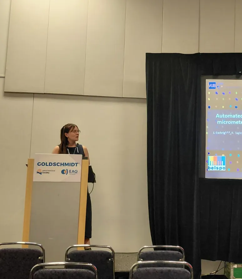 AMGC_FLUX_Team's tweet photo. Similarly, project lead Steven Goderis and the postdoctoral researchers did an excellent job presenting their research at Goldschmidt 2026, covering topics from #micrometeorite characterization and preservation, as well as #microtektites! ☄️ https://t.co/gBj4niRuql