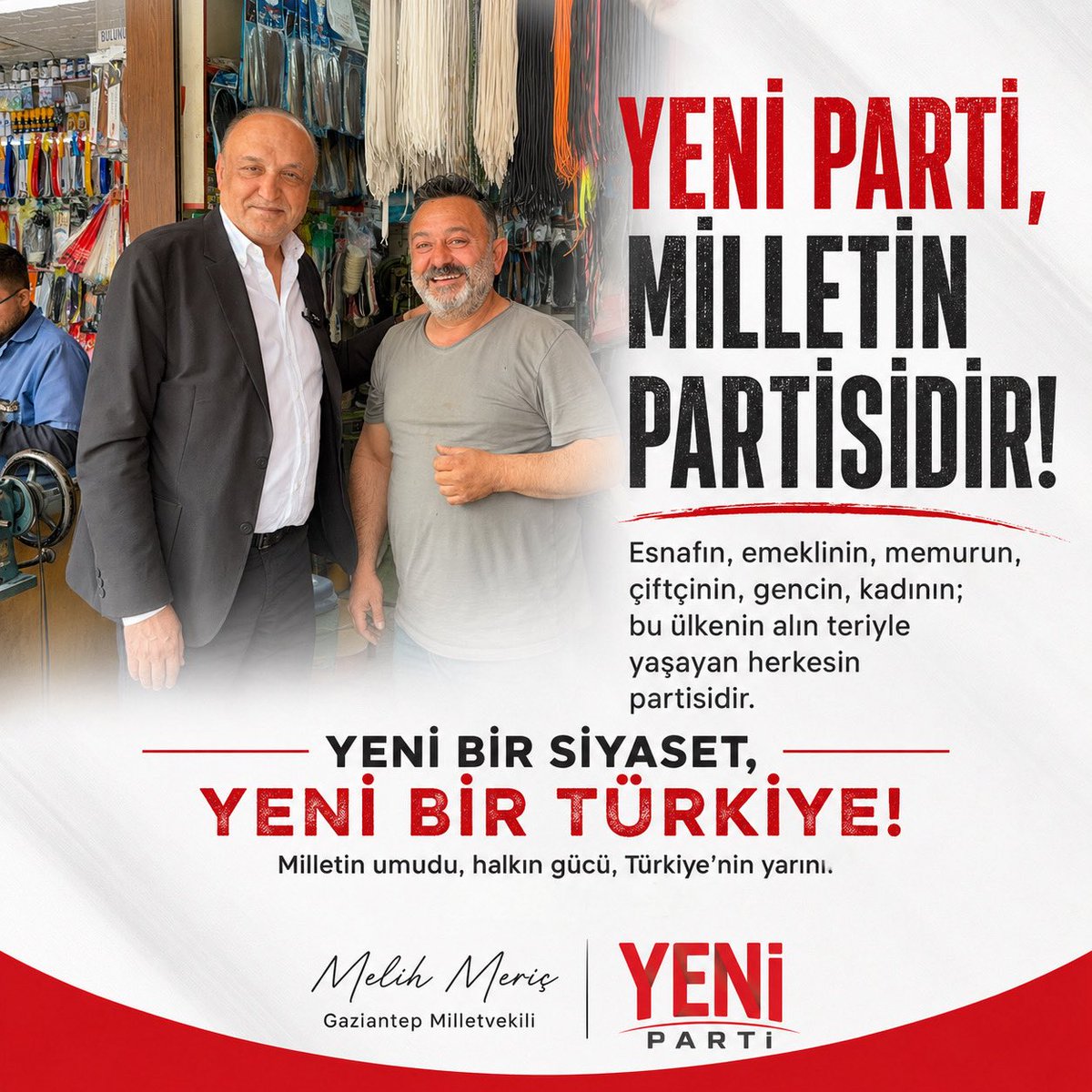 melih_meric's tweet photo. 🇹🇷 YENİ PARTİ, milletin kurduğu; umudunu, iradesini ve iktidar yürüyüşünü temsil eden partidir.

Millet ne derse o olur. Çünkü YENİ PARTİ’nin gerçek sahibi de gücü de aziz milletimizdir.

#YENİPARTİ https://t.co/51BevmR4JH