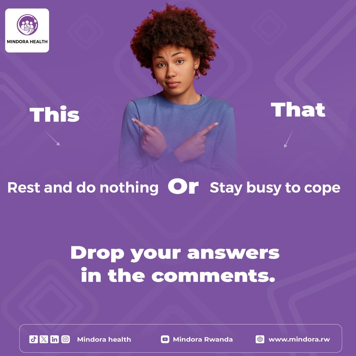 MindoraRW's tweet photo. This or That? Mental Health Edition 💜

Talk to a friend OR write in a journal?
Take a walk OR listen to music?
Rest OR stay busy to cope?

Drop your answers below 👇

@WHO @RBCRwanda @RulindaIII @iratheo5 @unicefrw
#MindoraHealth #ThisOrThat https://t.co/VTB3nwHJlV