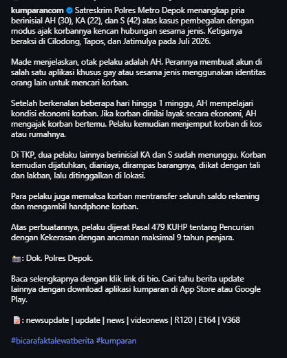 txtdarimaskael5's tweet photo. cishet, 3 orang, tapi sengaja dan terencana pake dating apps gay buat nyari korban untuk dibegal

sebahaya ini hidup di negara yang dasar negaranya ngomongin "persatuan" dan "kemanusiaan"

https://t.co/HoWNYBHTdw https://t.co/JqbVY9yFF6