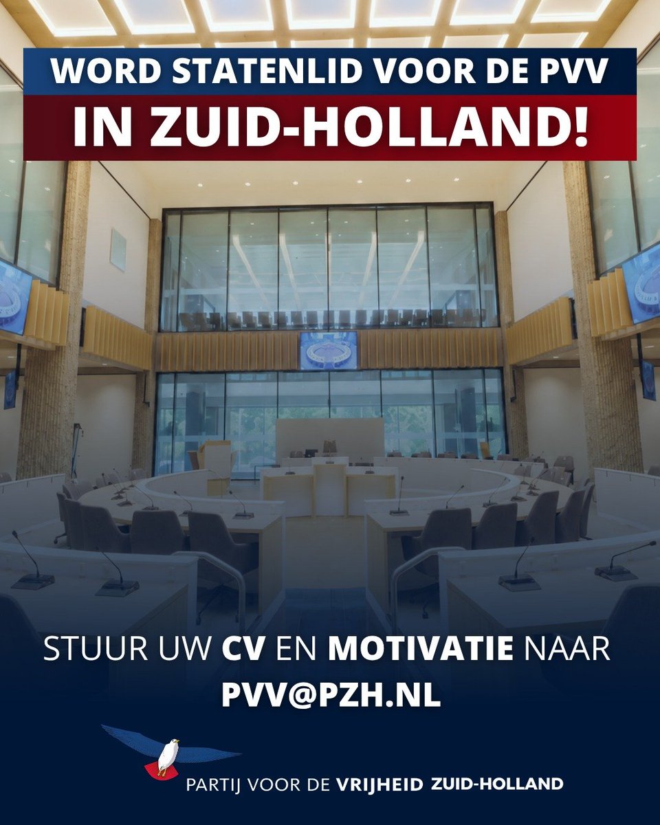PVVZH's tweet photo. VACATURE | Word Statenlid voor de PVV Zuid-Holland!
Wil jij écht invloed uitoefenen op de toekomst van Zuid-Holland? Dan zijn wij op zoek naar jou!
Stuur je cv en motivatie naar PVV@PZH.NL. We nemen zo snel mogelijk contact met je op. #PVV #Verkiezingen #PS27 https://t.co/ss5GMk8det