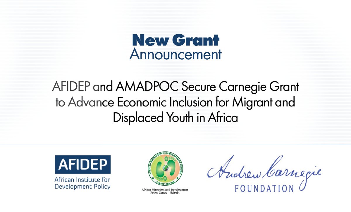 Afidep's tweet photo. The African Institute for Development Policy (AFIDEP) is pleased to announce a new grant from the Andrew Carnegie Foundation, awarded through the Foundation's Movements of People and Non-State Actors initiative.

The three-year research and policy engagement initiative, "Inclusive Economic Integration for Migrant and Displaced African Youth: Learning from East and West Africa," will be implemented in partnership with the African Migration and Development Policy Centre (AMADPOC).

The project will generate policy-relevant evidence from Kenya, Uganda, Ghana and Sierra Leone on how governments, private sector actors, civil society and communities can better support migrant and displaced young people to access employment, entrepreneurship, skills development and other pathways to economic inclusion.

We look forward to working with partners across the region to translate evidence into practical solutions for youth-centred migration and development policy.

Learn more: https://t.co/arpH7Logba

#Migration #YouthEmployment #EvidenceToPolicy #Africa #EconomicInclusion