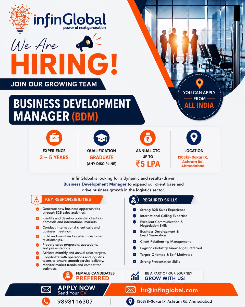 infinglobal's tweet photo. We're Hiring! Business Development Manager (BDM)

Ahmedabad | 3–5 Years Exp. | CTC: Up to ₹5 LPA
If you're passionate about B2B sales and business growth, we'd love to hear from you. Female candidates are encouraged to apply.

 Send your CV: hr@infinglobal.com https://t.co/OpSwotMPOo