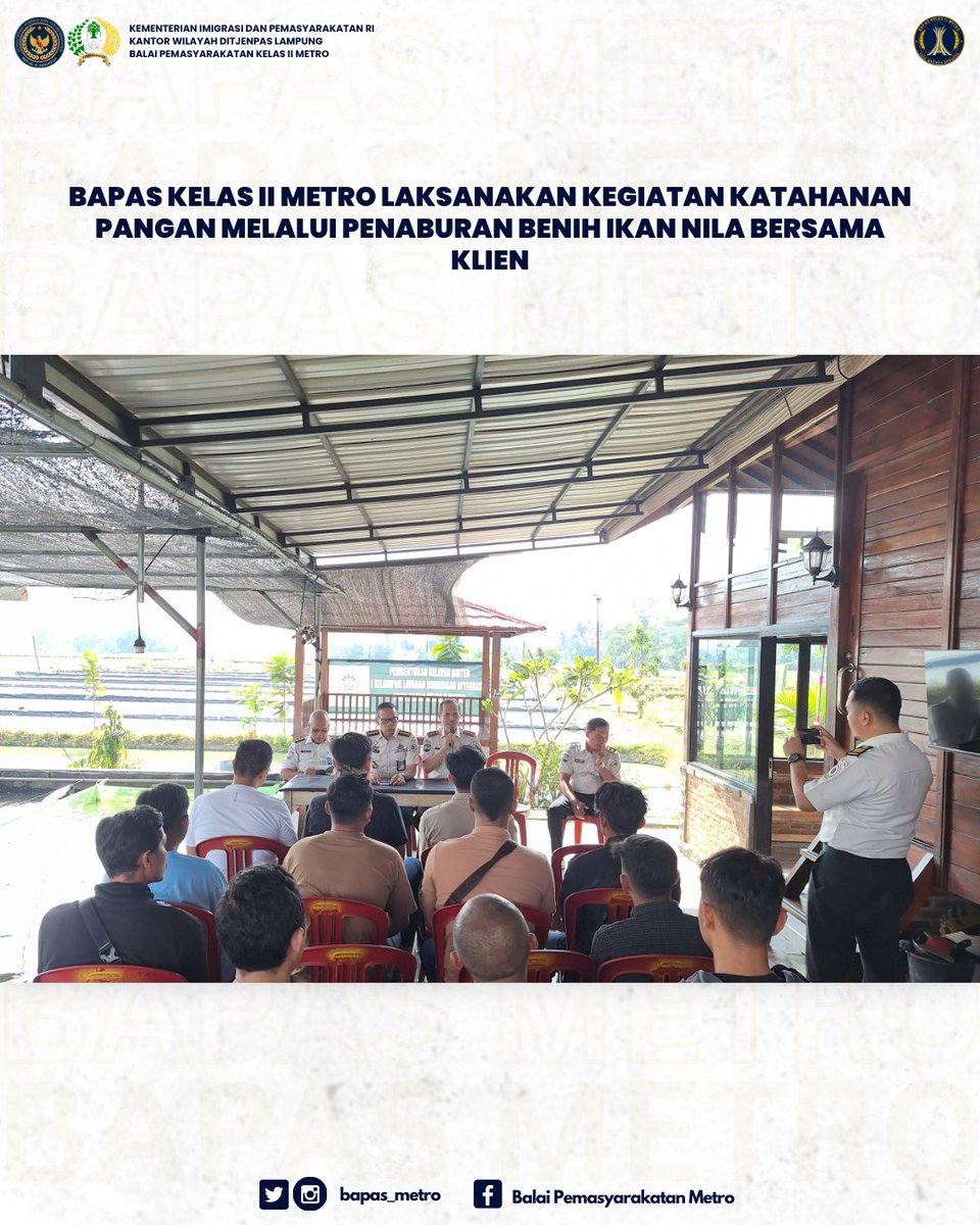bapas_metro's tweet photo. Dalam rangka mendukung program ketahanan pangan serta meningkatkan pembinaan kemandirian bagi klien pemasyarakatan, Bapas Kelas II Metro laksanakan penaburan benih ikan nila bersama klien pada Senin, 27 Juli 2026. Kegiatan berlangsung di Griya Abhipraya "Surya Manggala". https://t.co/J8VYjPVobn
