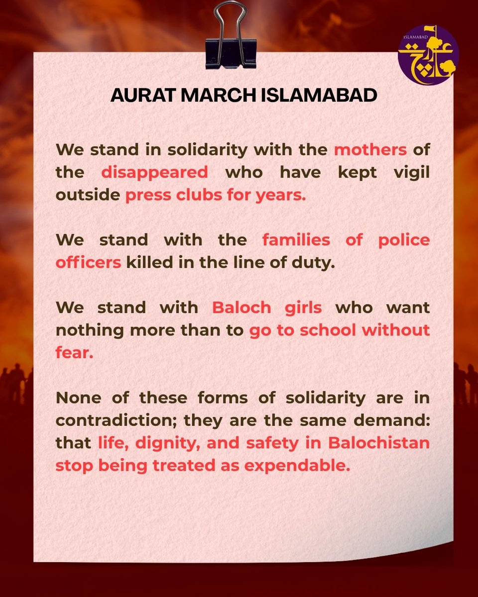 Aurat_marchisb's tweet photo. Balochistan bleeds in a cycle we have watched for far too long ; violence in Balochistan keeps writing itself into our timelines.

We can not keep calling  this news when it is really a wound reopening again and again!!!

END THE CYCLE OF VIOLENCE IN BALOCHISTAN. 

#auratmarchisb https://t.co/GEsgtxQ9Sl