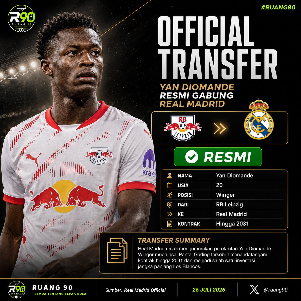 ruang90's tweet photo. 🚨 RESMI!

Yan Diomande resmi bergabung dengan Real Madrid dari RB Leipzig. ⚪👑

Menurut kalian, apakah Diomande bisa menembus tim utama Real Madrid musim ini? 👀

#Ruang90 #RealMadrid #YanDiomande #LaLiga #TransferNews https://t.co/OvCV77b8ni