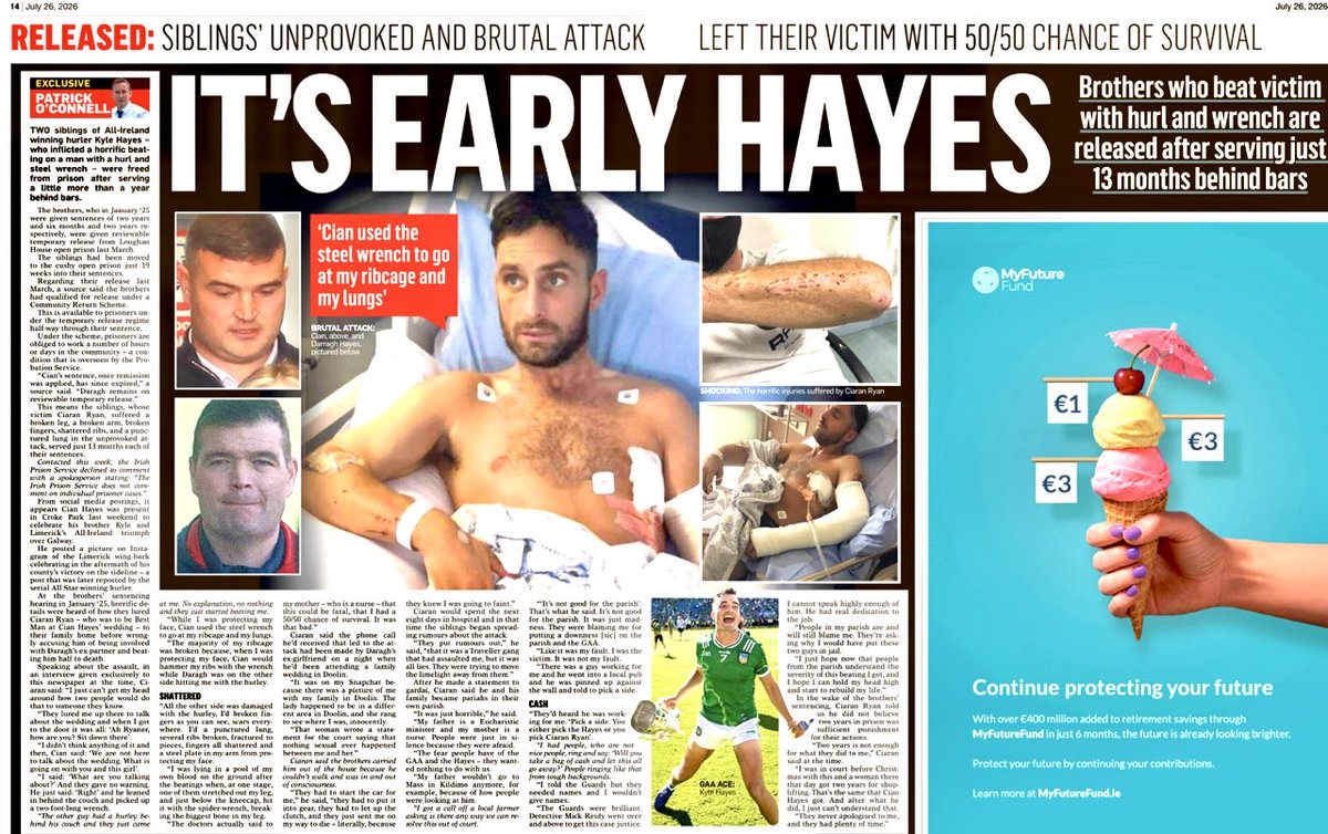 KarlMartinIrl's tweet photo. Is every citizen treated equally by the Irish justice system? 
Shocking report by @patoconnell101  #SundayWorld . 
Two brothers of a Limerick GAA star player served just 13 months (most in a cushy open prison) for a horrific attack on an innocent defenceless local man. And then their cronies ostracised the victim.
 @TheCountessIE @EoinLenihan @kenoflynnTD @LPerrins @helerina @AdamsSandr4794
