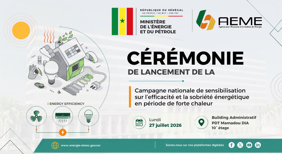 Mepsenegal's tweet photo. Ce lundi 27 juillet à 15h, le MEP et l’AEME lancent la Campagne nationale sur l’efficacité et la sobriété énergétique. Ensemble, adoptons les bons gestes pour réduire notre consommation d’énergie.
#MEP #AEME #EfficacitéÉnergétique #SobriétéÉnergétique https://t.co/yg5CePyYWL