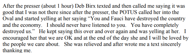 kerpen's tweet photo. April 23, 2020 was the day Trump told Birx:

"You and Fauci have destroyed the country and the economy. I should never have listened to you. You have completely destroyed us."

Fauci told Birx: "we are OK and at the end of the day she and I will be loved by the people." https://t.co/yIM1UiozmV