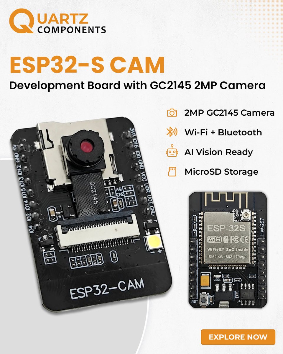 quartzcomponent's tweet photo. 📸 Build smarter vision-based projects with the ESP32-S CAM Development Board featuring the GC2145 2MP Camera! From AI vision and face recognition to IoT surveillance, smart doorbells, and robotics, this compact.

#ESP32 #ESP32CAM #ESP32SCAM #GC2145 #ESP32Projects https://t.co/gIO6ZE5JjM