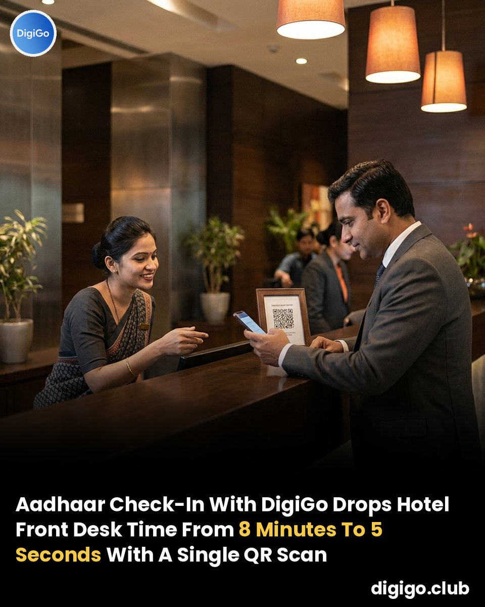 digigoclub's tweet photo. How long does hotel check-in take with DigiGo? About 5 seconds. An Indian guest links Aadhaar once via DigiLocker, then scans a QR at any partner hotel. From 8 minutes to 5 seconds.

Book a demo: https://t.co/S6Cu4NkrDV 

#DigitalCheckIn #HotelTech #India #Aadhaar https://t.co/YntarXaAYg