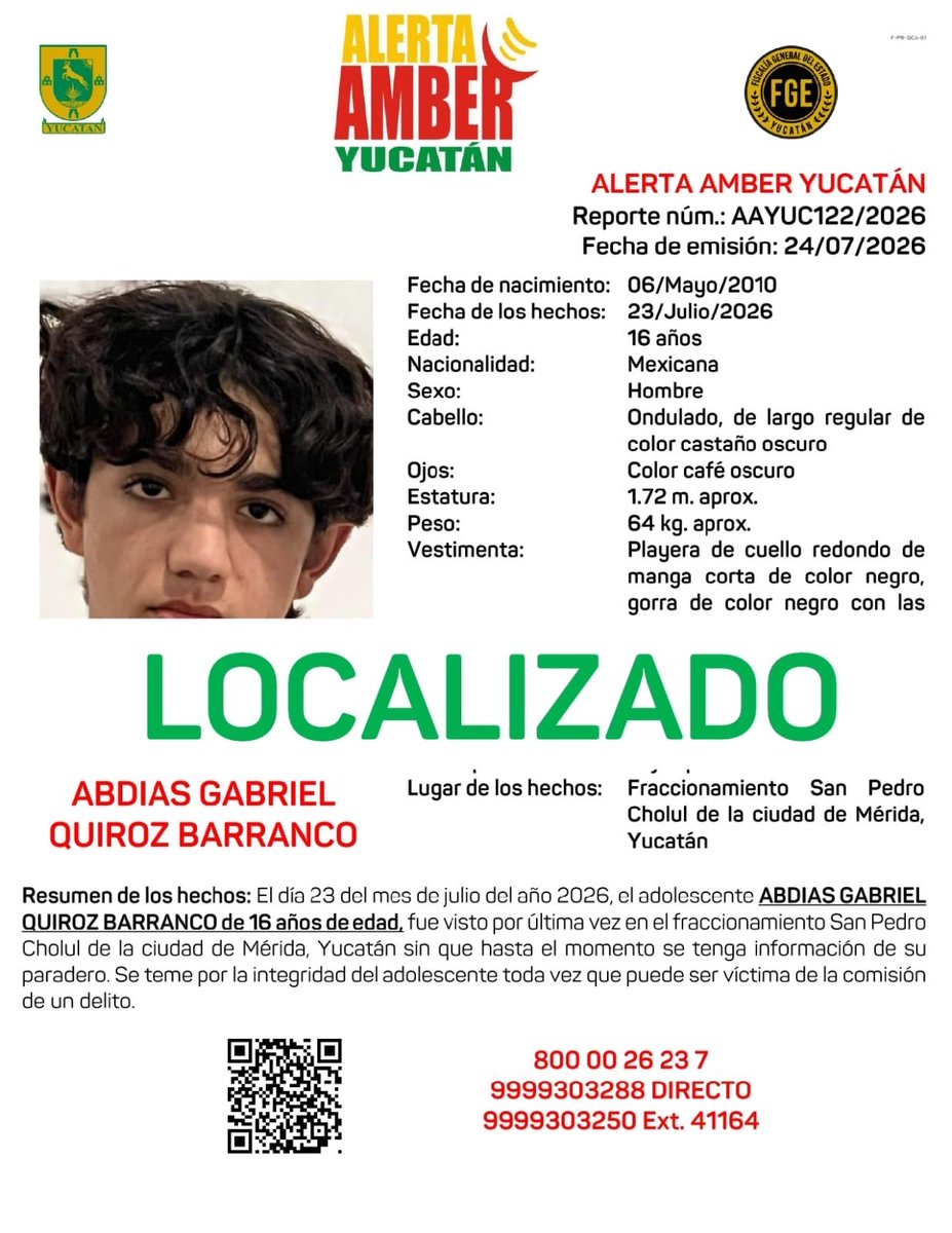 AAMBER_yucatan's tweet photo. #AAYUC Informa de la DESACTIVACIÓN de una ALERTA AMBER Estatal de los adolescentes ABDIAS GABRIEL y MIGUEL ALEJANDRO ambos de apellidos QUIROZ BARRANCO de 16 y 14 años de edad respectivamente, toda vez que ya han sido LOCALIZADOS. @fgeyucatan https://t.co/D6uQlFOcEU
