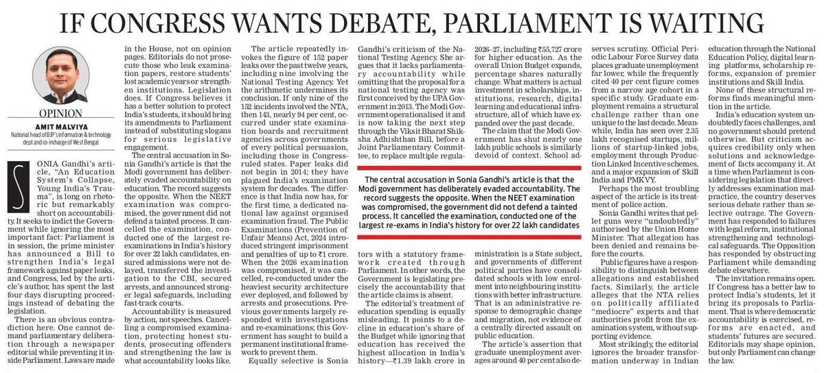 amitmalviya's tweet photo. My response to Sonia Gandhi:

The central accusation in Sonia Gandhi's article is that the Modi government has deliberately evaded accountability. The record suggests the opposite. When the NEET examination was compromised, the government did not defend a tainted process. It cancelled the examination, conducted one of the largest re-exams in India's history for over 22 lakh candidates.

Link: https://t.co/QUvnTCiJ9p