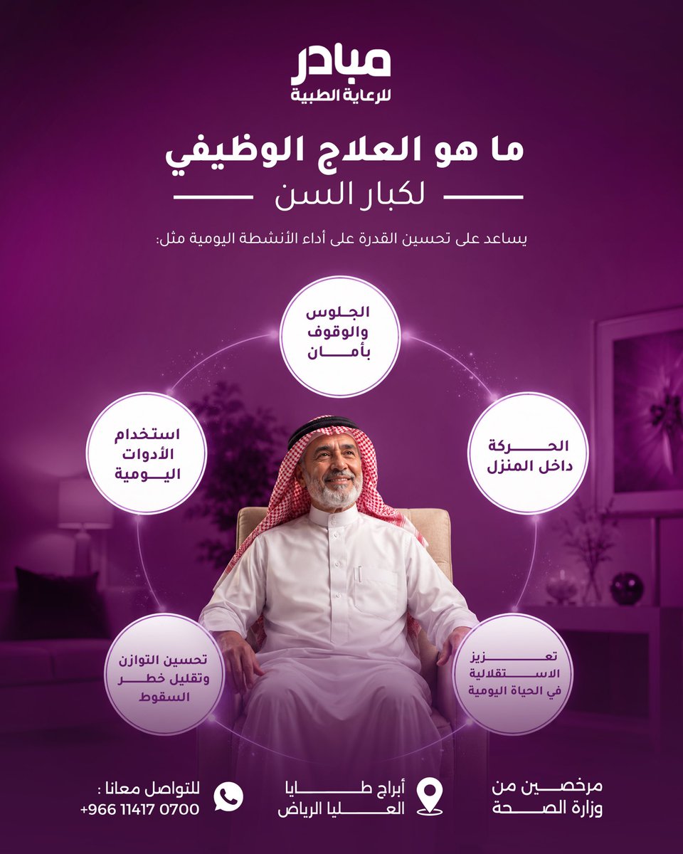 Mobaderhomecare's tweet photo. العلاج الوظيفي لكبار السن يهدف إلى مساعدتهم على ممارسة أنشطتهم اليومية بأمان واستقلالية أكبر، من خلال برامج وتأهيل يناسب احتياج كل حالة.
📞 تواصل معنا لمعرفة تفاصيل الخدمة.
#مبادر #العلاج_الوظيفي #كبار_السن #الرعاية_المنزلية #الرياض https://t.co/tVJAeKr4Vn