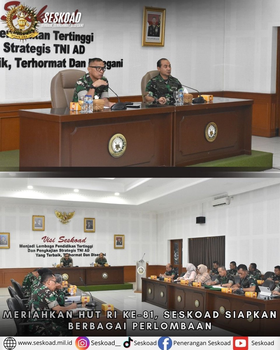 seskoad__'s tweet photo. *Meriahkan HUT RI ke-81, Seskoad Siapkan Berbagai Perlombaan*

Bandung, 27 Juli 2026 - Dalam rangka menyambut dan memeriahkan HUT ke-81 Kemerdekaan Republik Indonesia, Dirbinlem Seskoad memimpin rapat penyiapan berbagai perlombaan yang akan diselenggarakan di lingkungan Seskoad. https://t.co/TTOFhgk0Aj