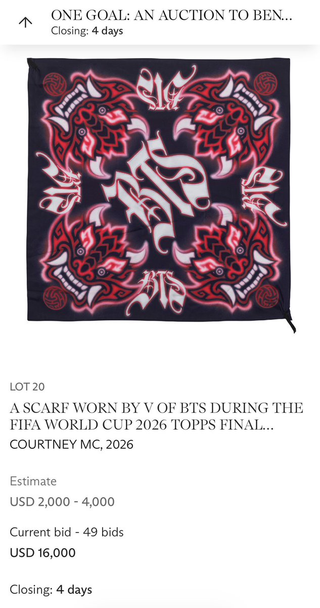 PopPlanet_'s tweet photo. BTS’ Taehyung Scarf Records Highest Bid Among BTS Outfits Submitted, Selling for $18,000.

@bts_bighit #V #뷔 https://t.co/N7DNUeyzEx